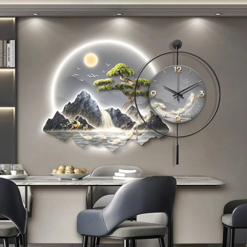 2026 New Model Landscape Murals Wall Clocks Fashion Nordic Living Room Digital Clock Villa Mute LED Wall Clock Home Decor