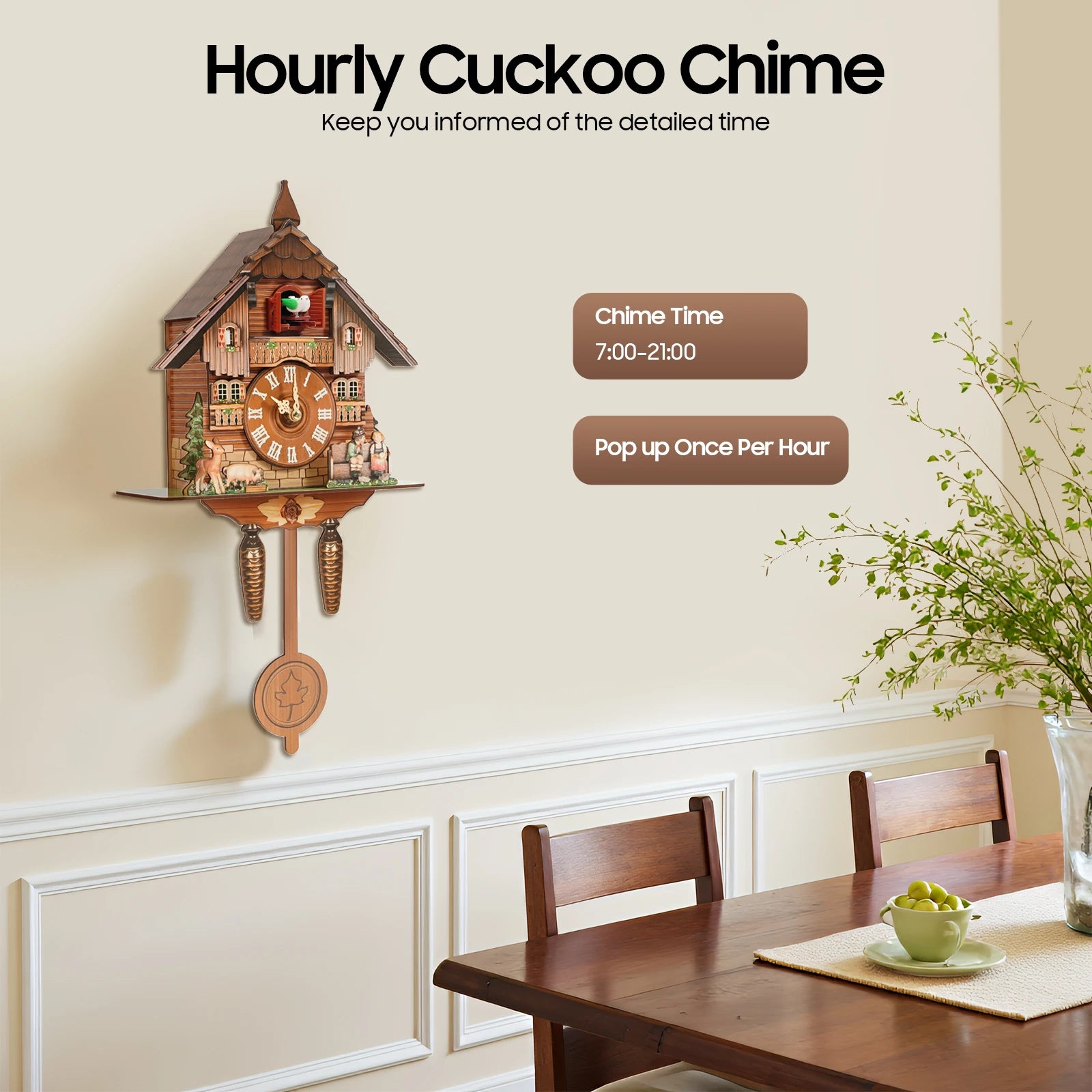 Vintage Cuckoo Wall Clock with Bird Chime, Nordic Decor Wooden Wall Clock, Hanging Wall Clock Decoration 25*10*50cm