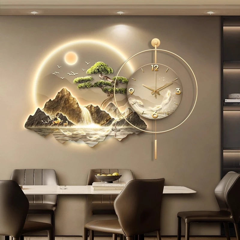 2026 New Model Landscape Murals Wall Clocks Fashion Nordic Living Room Digital Clock Villa Mute LED Wall Clock Home Decor